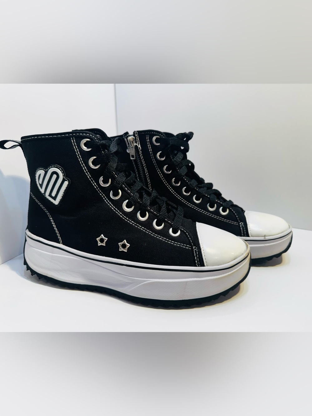 Justice Sport Girls Platform High Top Sneakers Black White Side Zip Size 5